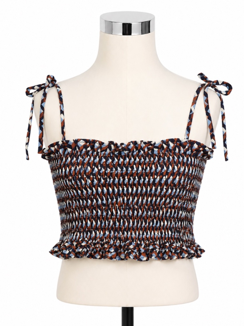 Petite Studio New York Smocked Tie-Strap Cami Top | Size XS | Geometric Print